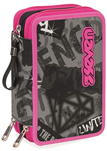 Seven Astuccio 3 Scomparti, Keep Flag, Rosa, Completo di matite, penne, pennarelli..