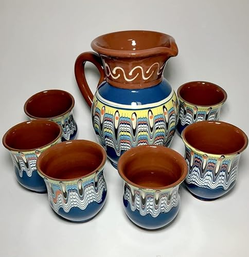 etara Wein&Feinkost/Tonkrug, Karaffe, Kanne für Wein Glühwein Tee Wasser Met Punsch/Set aus 1 Liter- Krug und 6 Becher/bulgarische Tradition, Keramik, hochwertige Handarbeit (blau)