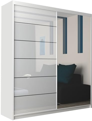 MN Furniture Amsterdem High Gloss and Mirror Sliding Double Door Wardrobe 150cm 180cm (White, 150cm)