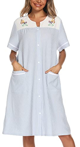 YOZLY Cotton Button Front Nightdress with Pockets | Short sleeve ladies nightie and house dress with a relaxed knee length fit for sleeping lounging and everyday homewear