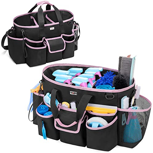 LoDird Cleaning Caddy Bag for Cleaning Work, Black and Pink | 3 Compartments and Multifunctional Pockets, Cleaning Supplies Organizer, Handle and Shoulder Strap