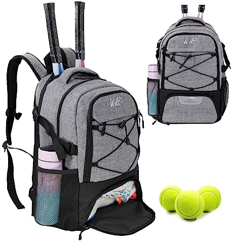 WOLT Tennis Bag Large Tennis Racket Backpack for Women Men, Holds 2 Racquets with Shoe Compartment Fits Badminton Pickleball Squash Racket, Grey