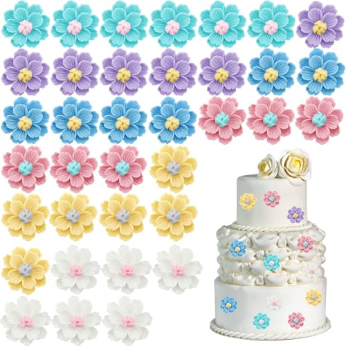 36 PCS Flower Cupcake Toppers,Colorful DIY Resin Flower Cake Topper Decorations for Wedding Anniversary Bridal Shower Birthday Valentine's Day Party Supplies