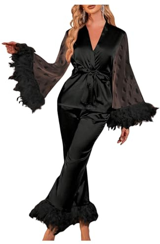 OYOANGLE Women's 2 Piece Pajama Set Satin Contrast Mesh Feather Trim Silk Long Sleeve Belted Top and Pants Lounge Sets Black Large