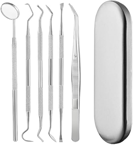SMILEHEVEN Verktyg för rengöring av hundtänder, rostfritt stål, hundplack, tandsten, borttagare, set med 6 delar med metallfodral, pincett, oral spegel, tandrengöring, sond, fläckborttagare