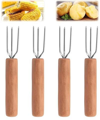 4 forchette per cioccolatini, forchette per patate, forchettone per patate in acciaio inox, manico in legno di faggio, posate per insalata in acciaio inox, posate per patate