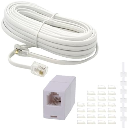 HAWAKA Phone Extension Cord 25FT, Straight Through Telephone Cable,Long Telephone Cable with Standard RJ11 Plug and 1 in-Line Couplers and 20 Cable Clip Holders (WH-25Feet)