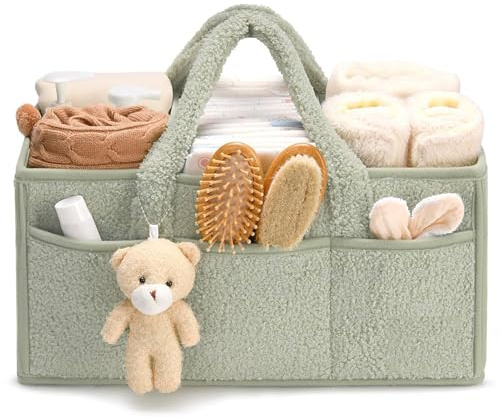 Panier Rangement Bébé, Panier De Rangement Bebe à Langer Portable, Organisateur Table a Langer Bebe En Peluche Avec Compartiments Interchangeables, Pour Lingettes Humides Et Articles Pour Bébé (Vert)