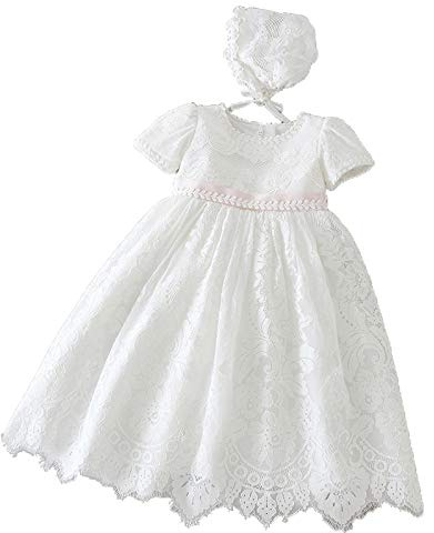 Selene Robe de baptême vintage pour bébé fille avec bonnet et broderie florale en dentelle pour le baptême, ecru, 18 mois