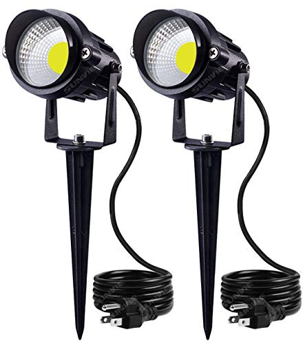 SUNVIE Outdoor Landscape LED Lighting 12W Waterproof Graden Lights COB Led Spotlights with Spiked Stand for Lawn Decorative Lamp US 3- Plug 6500K Daylight White (2 Packs)