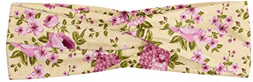 ABAKUHAUS Pivoine Bandeau, Hortensias sur les branches Vintage Nostalgique féminin Croissance, Serre-tête Féminin Élastique et Doux pour Sport et pour Usage Quotidien, Vert Olive Rose pâle