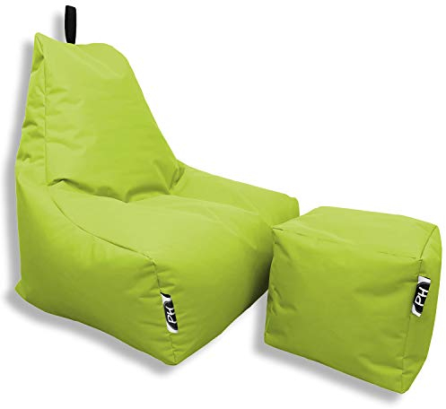 PATCH HOME Patchhome Sitzsack Lounge Sessel + Würfel/Hocker mit Reißverschluss Gamer Sitzkissen fertig mit Styropor Füllung befüllt H:82cm | T:70cm | B:75cm + 35x35cm Würfel Kiwi