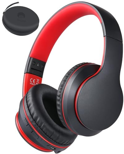 Rockpapa E7 Wireless Headphones Over Ear, Kids Bluetooth Headphones with Microphone, Foldable Hi-Fi Stereo, Wireless Wired Headphones for Phone/PC/TV, for Kids Childrens Boys Adult, Black Red