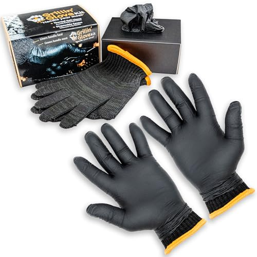 Charbasil Grilling Glove Kit – Thermal Knit Liners – Diamond Textured Nitrile Covers – Oven Mitts for BBQ, Smoking Meat, and Barbecue Food Prep