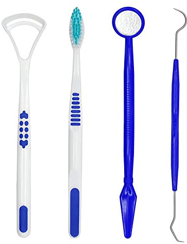 4-Pcs Dental Care Kit in Blue Colour, Oral Cleaning Tool Set, Dental Pick, Dental Mirror, Tongue Cleaner and Toothbrush, Dental Plaque Removal Tools, Ideal for Travel or Small Bathrooms
