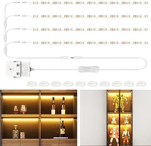 WOBANE Display Cabinets Lights,4 x 50cm Flexible LED Strip with Switch,Super Bright Shelf Lighting for Pantry,Counter,Glass Shelf,Bookcase,120 LEDs,1200lm,2700K Warm White,12V