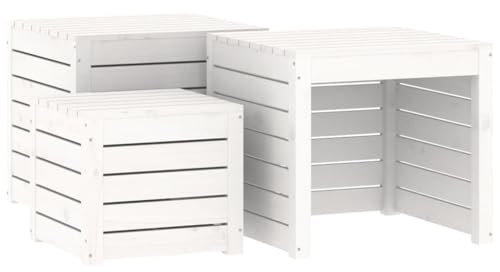 vidaXL Gartenbox Set 3-tlg., Auflagenbox mit Deckel, Kissenbox mit Stauraum, Aufbewahrungsbox Gartentruhe Gartentisch Hocker, Weiß Massivholz Kiefer
