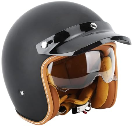 3/4 Offene Helme, Mattschwarzer Sonnenschutz, Retro-Stil, Hochkomfortable Motorradhelme für den Außenbereich (XXL 61–63 cm)