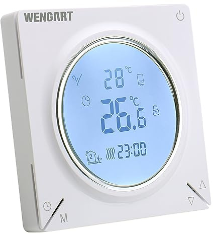 Wengart Termostato Digital WG106 (3A), Doble Salida para Suelo Radiante Y Caldera De Gas (Contacto Seco), Programación Semanal, Pantalla LCD Retroiluminada, Apto para Caja Redonda 60mm, Blanco