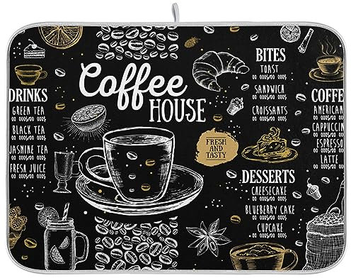 Coffee House - Tapete de microfibra para secado de platos de menú, súper absorbente, suave, mediano, de 16 x 18 pulgadas, para encimeras de cocina, restaurantes, barras de café