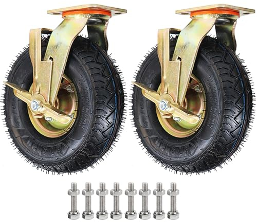 SAGIDAR 2 Stück Schwerlastrollen, Luftreifen Gummi Rollen, Möbel Industrierollen Mit Bremse, Ø 20cm/25cm, Gummi Ersatz Rollen, Doppelte Lagerausführung, 360°Drehbar, Für Trolleys, Werkbank Rollen
