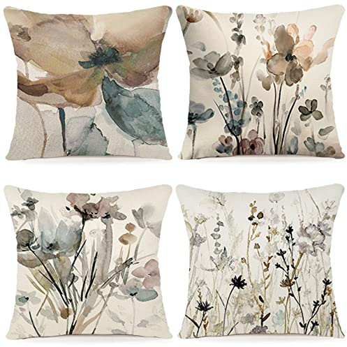 YCOLL Blumen Kissenbezug 60x60 4er Set Kissenhülle Leinen Sofakissen Moderne Abstrakte Blumen Aquarellmalerei Dekokissen für Sofa Schlafzimmer Couch Outdoor Kissenbezüge 60x60 A090
