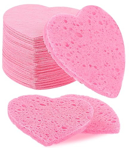 60 Pink Heart Face Sponges for Exfoliating, Reusable Facial Cleansing Sponge for Daily Deep Cleansing and Makeup Removal