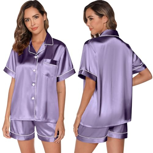 GAESHOW Dampyjamasset, satin, siden, kortärmad, knappset, sovkläder, loungewear, tvådelad, storlek S–2XL, lila, M