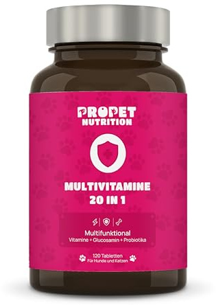 Multivitamin Komplex 20 in 1 Hund und Katze. Vitamine A, B, C, H. Mit Probiotika und Glucosamin. Stärkung des Immunsystems. Frei von Getreide und Zucker. 100% Natürlich. Gelenktabletten Hund. Omega 6