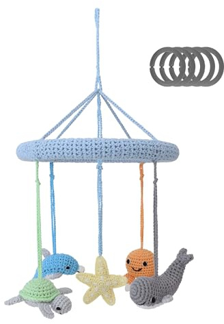 SindiBaba 4in1 Baby-Mobile MEERESTIERE gehäkelt, Delfin Krake Schildkröte Walfisch Seestern, mit Rasseln & Befestigungsringen, 1 Spielzeug 4 Funktionen, zum Aufhängen über Babybett Spielbogen Playgym