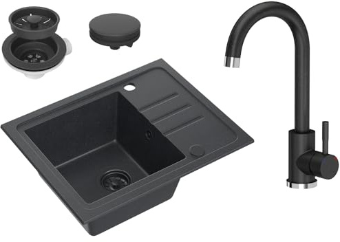 VBChome Granitspüle Schwarz mit Schwarzer Armatur, 55 x 44 cm, Einzelbecken Einbauspüle, Reversibel, Gesprenkelt, Mit Siphon, Pflegeleichtes Komplett-Set, Tiefes Becken – Ideal für kleine Küchen