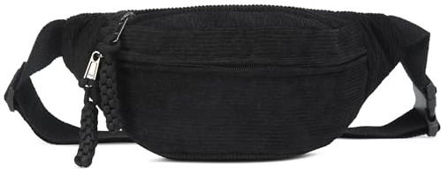 Micmores Damen Bauchtasche aus Cord, Modische Umhängetasche Crossbody Bag, Praktische Brusttasche Gürteltasche für Outdoor, Sport, Reise, Laufen, Schule(Schwarz)