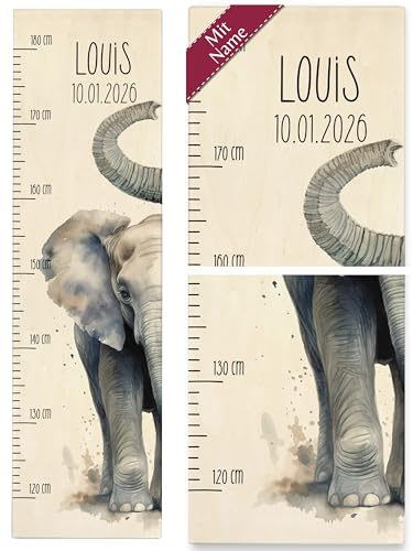 Messlatte Kind Holz - Kindermesslatte süßer Elefant mit Name und Datum I Niedliches Elefantenmotiv Babymesslatte Elefanten Design - 120-180 cm - Holz - personalisierte geschenke baby kinder