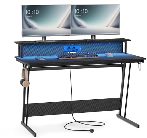 VASAGLE Scrivania da Gaming con Luci LED e Prese di Corrente, Scrivania da Computer, Supporto per Monitor, Tavolo per 2 Monitor, Ufficio, Camera da Letto, 55 x 135 x 76 cm, Nero Carbone LWD117B02