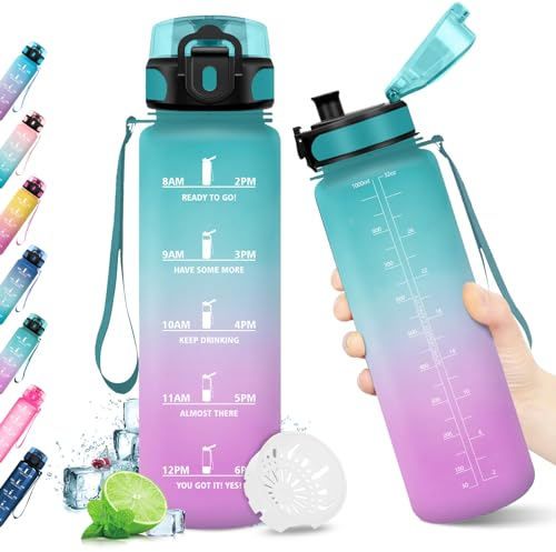 KollyKolla Gourde Sport 1L, Gourde Sport, Bouteille d'eau 1 Litre avec Marqueur de Temps et Filtre, Étanche, sans BPA, Water Bottle pour Enfant, Adulte, l'école, Cyclisme, Fitness, Bureau, Gym