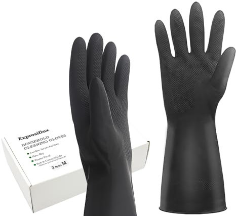 Exprosiflux Thick Rubber Cleaning Gloves - 3 Pairs Black Rubber Gloves for Dishwashing Medium Non-Slip Kitchen Gloves Dishwashing Reusable Cleaning Gloves Waterproof Heavy Duty (3P,M)