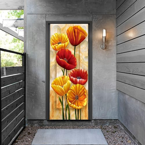Türtapete Selbstklebend Orange Blume Rot Türfolie Tür PVC Türtapete Selbstklebend Türfolien Abnehmbar Türposter Abziehen und Aufkleben Türaufkleber Wasserdichte 77x200cm