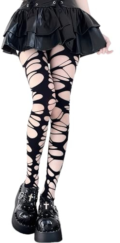 LOITHGU nätstrumpa för kvinnor, Lolita, gotisk, punk, rippade strumpor, sexiga strumpor, Y2k spets skira strumpbyxor, Svarta rippade tights, Large