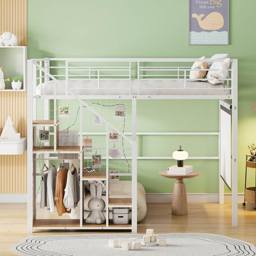 PUGSDRLY Lit Mezzanine 2 Place,Lit Enfant,Lit Mezzanine Enfant 140x200cm,avec Escalier de Sécurité, Espace de Rangement et Petite Armoire,Design de Clôture Haute,Blanc
