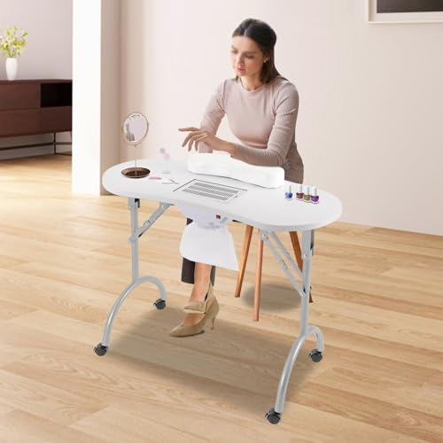 Maniküre Tisch mit Absaugung Nagelstudio Tisch Klappbar Mobilesmanikürtisch mit Staubbeutel und Rollen 90x40x72cm für Trimmen, Schönheit, Nagelpflege, usw (Weiß)