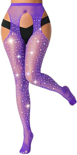 lmotpe Purple Fishnet Stockings for Women Tights Rhinestone Women's Sparkly Stockings High Waist Pantyhose