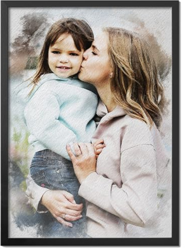 Pictalia - Cadre Personnalisé - Transformez votre photo en Aquarelle, photos et textes, cadeau Maman, Fête des Mères, cadeau Femme, Format A4, A3, A2, toile, papier photo, texte personnalisable