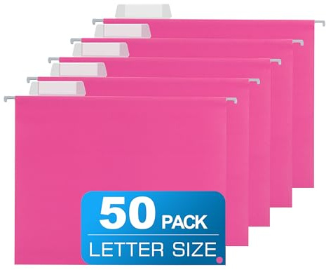 50 Packs Hanging File Folders Pink,Letter Size 8.5x11,Hanging File Folders with 1/5-cut Tabs,Designed for Bulky Files,File Folders for Filing Cabinet