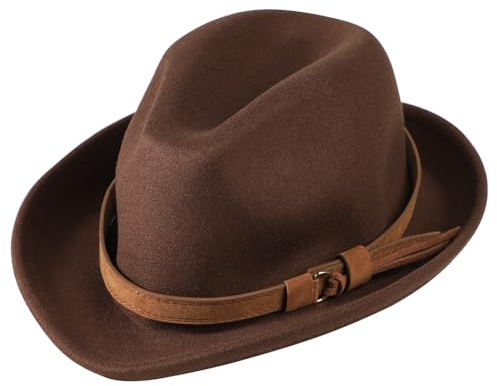 Men Wool Fedora Trilby Hat Panama Hat Elegant Short Brim Jazz Cap Vintage Style Roll-up Gentleman Jazz Hat Classic Leather Band Bowler Hat Homburg Party Gangster Hat Talent Show for Men Women Brown