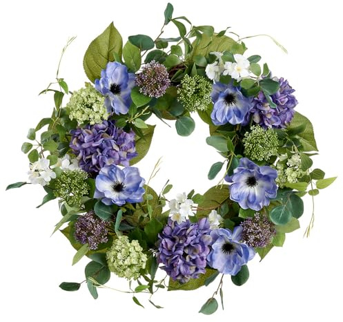 SilksAreForever 22 Hydrangea, Anemone & Snowball Silk Flower Wreath -Purple/Green (Pack of 2)