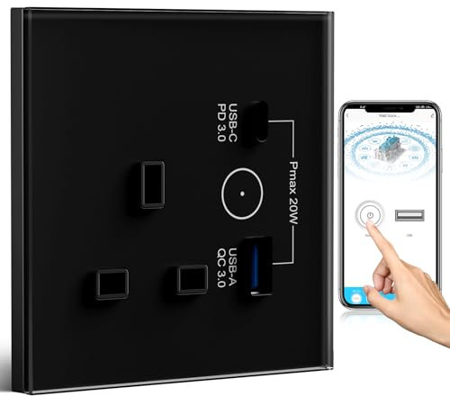 BSEED WiFi Socket 1 Gang with USB and Type C Compatible with Alexa and Google Home, Timer Socket With APP Remote Control Compatible with Smart Life, Smart Socket 13A Black
