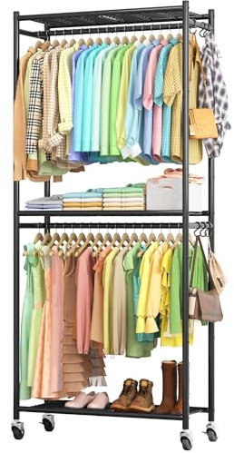Sakugi Clothes Rail - Clothes Rack with Shelves & Wheels, Multi-Functional Clothing Rail with Hooks, Sturdy Metal Garment Rack for Bedroom, Laundry, Balcony, 84cm × 31cm × 202cm, Black