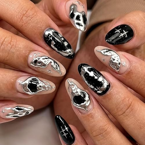 MouyouGlow Press on Nails Kurz,Almond Schwarz 3D Schmetterling Silber Herz Sterne Mond Gothic Design Short Mandel Fake Nails,Black Butterfly Silver Sommer INS Artificial Künstliche