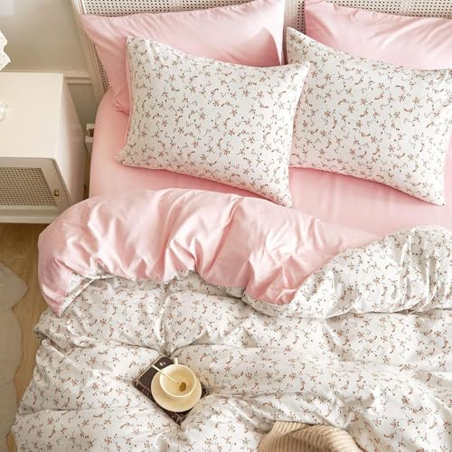 Sedefen Bettwäsche 135x200 Rosa Weiß Blumen Blätter Wende Bettwäsche Mädchen aus Microfaser,Aesthetic Bettwäsche Set ÖKO-TEX Bettbezug mit Reißverschluss und 1 Kissenbezug 80x80 cm