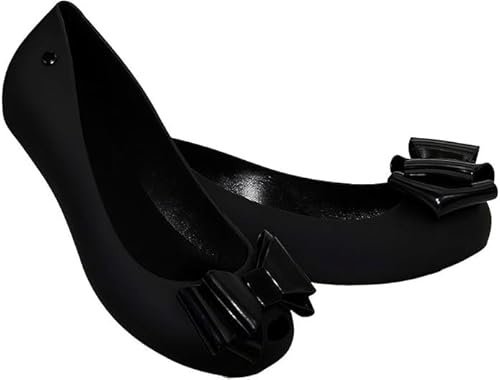 Bismaa Womens Black Jelly Shoes with Bow - Ladies Comfy Slip-On Casual Wear Every-Day Jelly Flats Ballerina Pumps